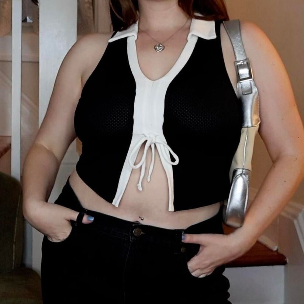 Black White Collar Forever 21 Top Sz Small Mesh Net Tennis Athleisure Cinched